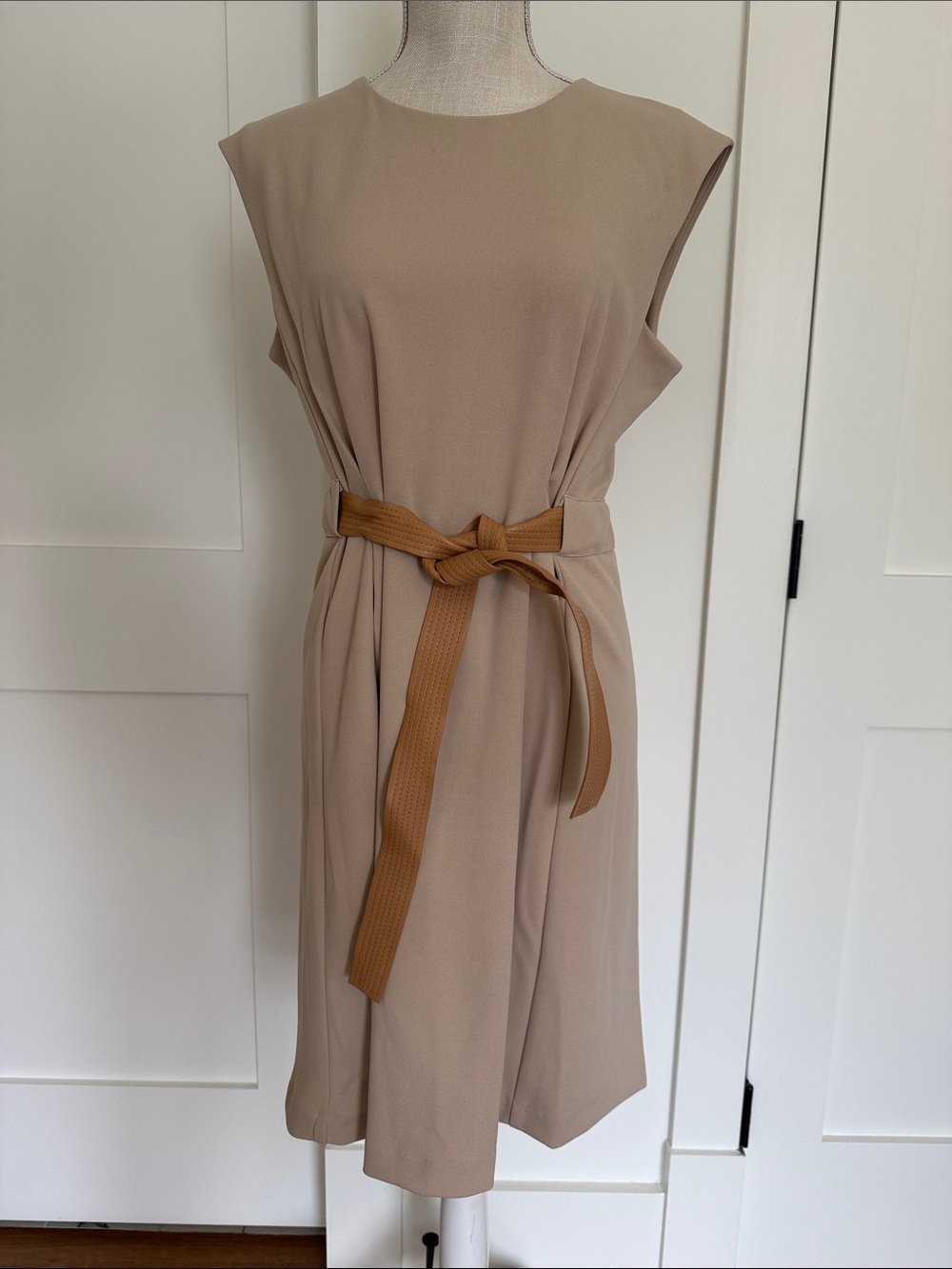 Calvin Klein Beige Midi Dress with a Faux Leather Tan Waist Tie